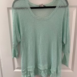 Mint Green Sweater with Floral Lace Trim